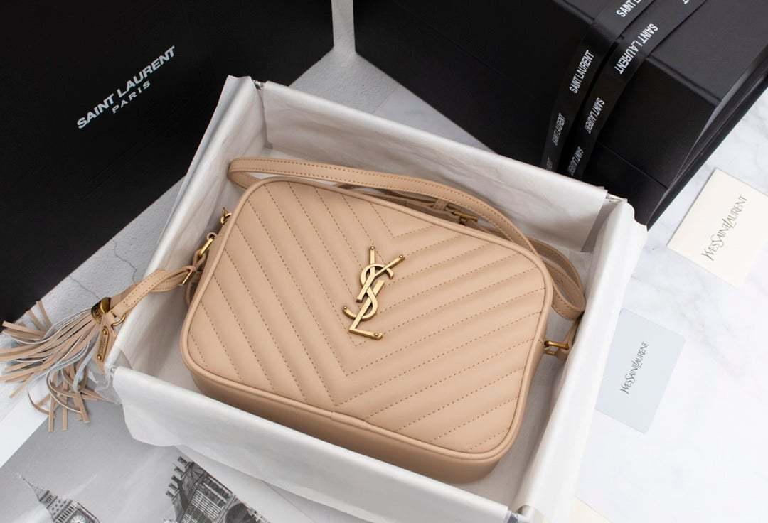 SAINT LAURENT LOU CAMERA BAG IN QUILTED LEATHER BEIGE GOLD 23CM
