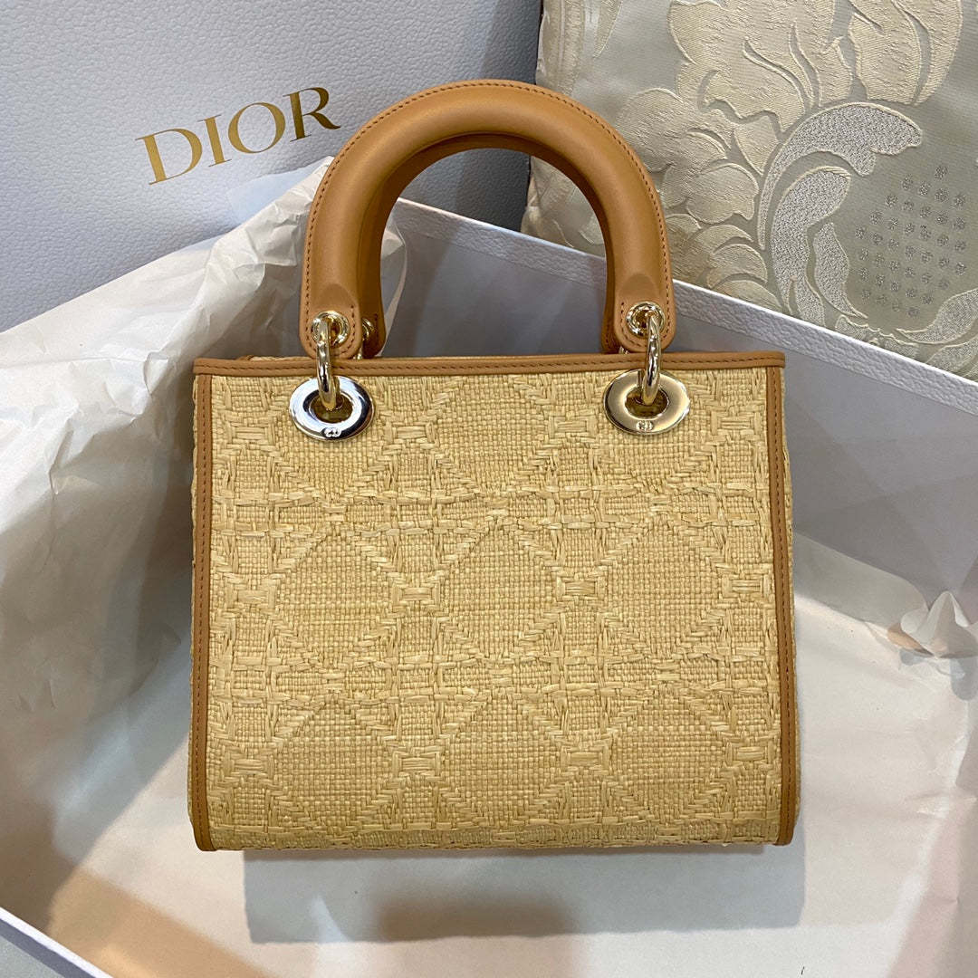 DI Medium Lady Bag Natural Cannage Raffia, Brown Handbags, 24cm CD M0565OMBD_M925