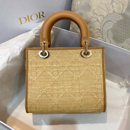 DI Medium Lady Bag Natural Cannage Raffia, Brown Handbags, 24cm CD M0565OMBD_M925