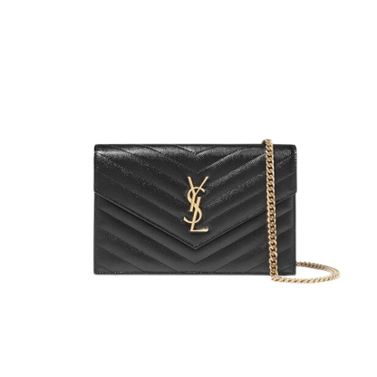 YSL CASSANDRE MATELASSÉ CHAIN WALLET IN GRAIN DE POUDRE EMBOSSED BLACK GOLD 22CM 377828BOW011000