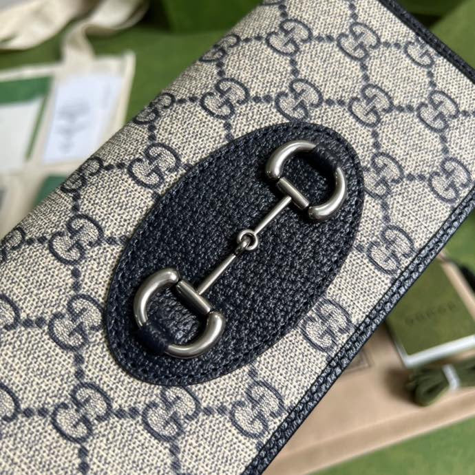 gg Horsebit 1955 Wallet With Chain Beige And Blue For Women 7.5in/19cm gg