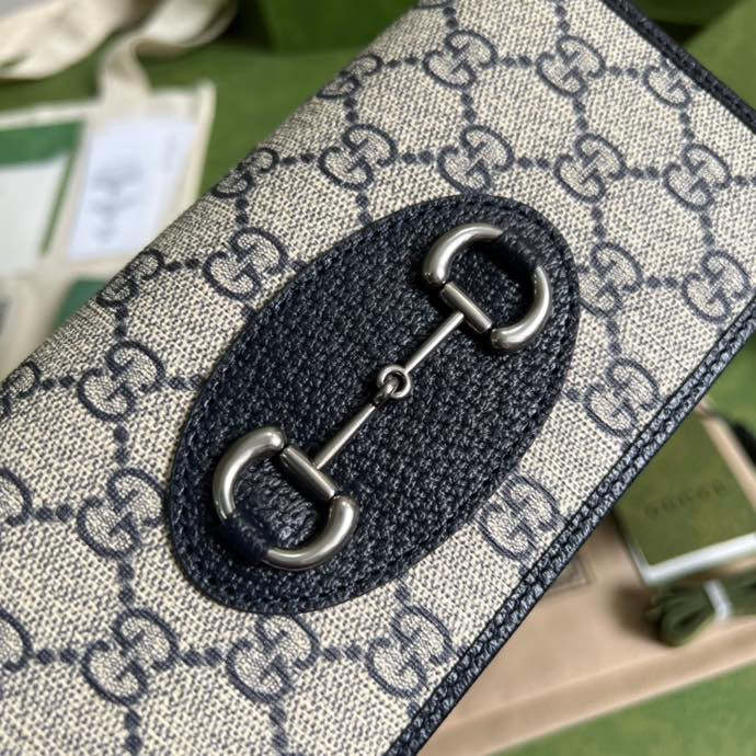 gg Horsebit 1955 Wallet With Chain Beige And Blue For Women 7.5in/19cm gg