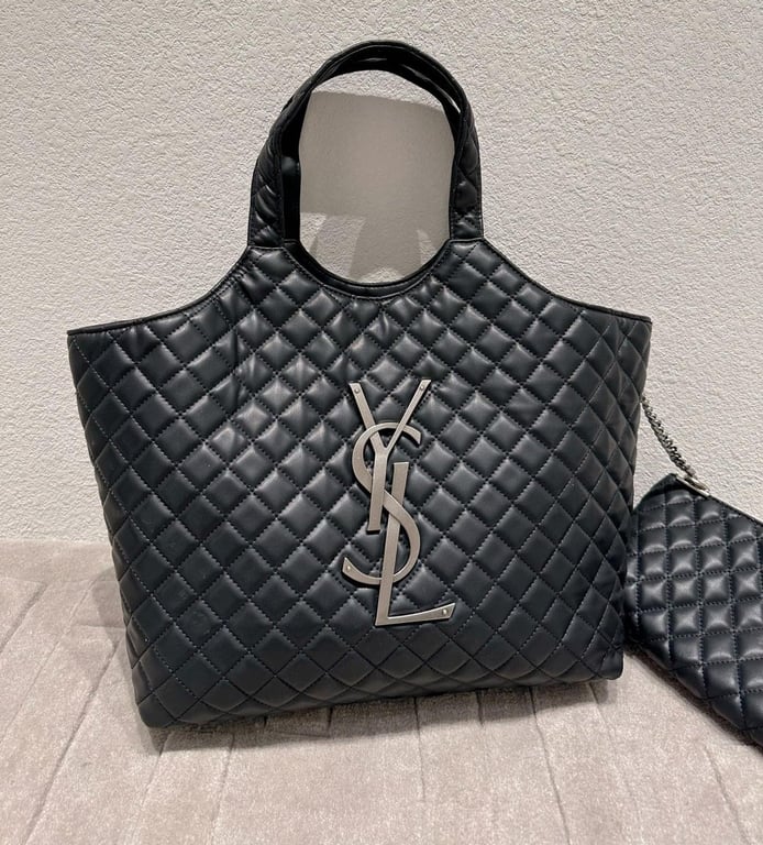 SAINT LAURENT ICARE SHOPPING BAG IN QUILTED LAMBSKIN BLACK SILVER 40CM