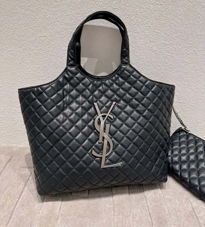 SAINT LAURENT ICARE SHOPPING BAG IN QUILTED LAMBSKIN BLACK SILVER 40CM