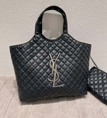 SAINT LAURENT ICARE SHOPPING BAG IN QUILTED LAMBSKIN BLACK SILVER 40CM
