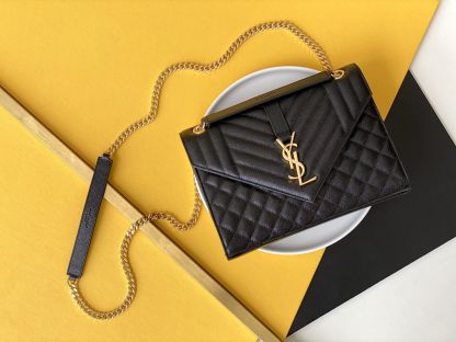 YSL ENVELOPE MEDIUM CHAIN BAG IN SUPPLE MATELASSÉ LEATHER BLACK GOLD 24CM 6001850O7S11000