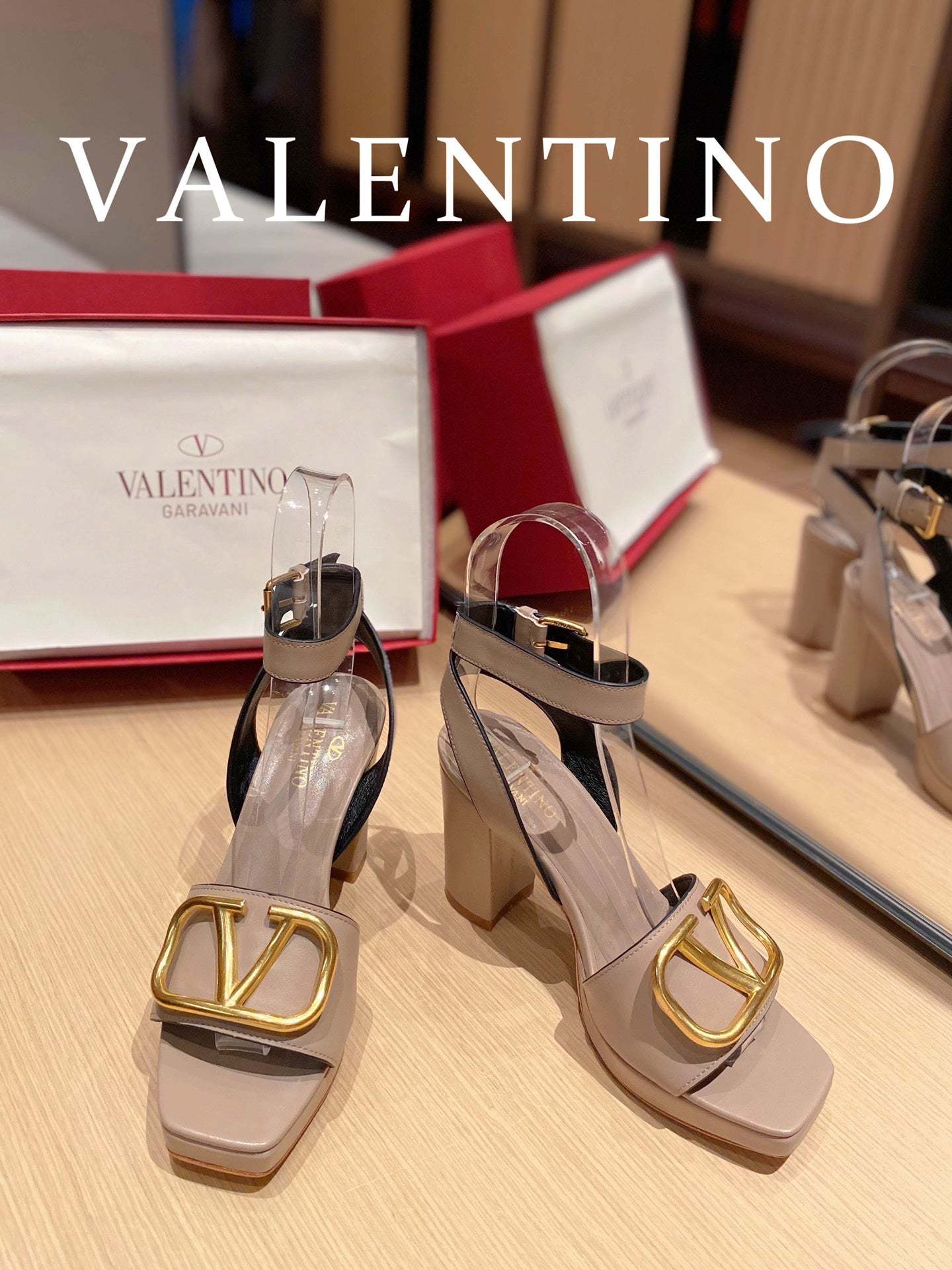 Valentino Garavani Strap Heeled Sandals With V Logo Signature Embellishment Beige For Women