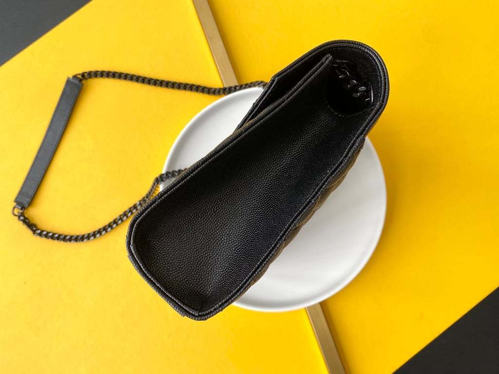 SAINT LAURENT ENVELOPE MEDIUM CHAIN BAG IN MIX MATELASSE GRAIN DE POUDRE EMBOSSED BLACK NOIR 24CM