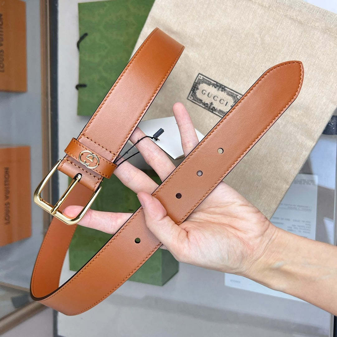 GG BROWN BELT WITH SQUARE BUCKLE AND INTERLOCKING G GOLD MEATL 35MM