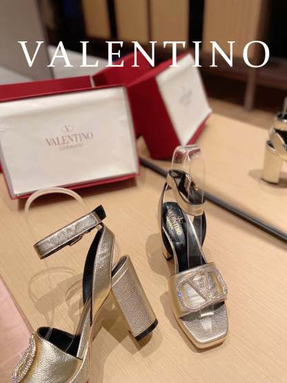 Valentino Garavani Strap Heeled Sandals With V Logo Crystal Embellishment Gold For Women