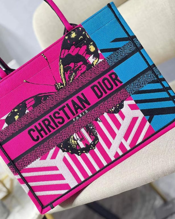 DIR MEDIUM BOOK TOTE BRIGHT BLUE AND BRIGHT PINK D-JUNGLE POP EMBROIDERY 36CM