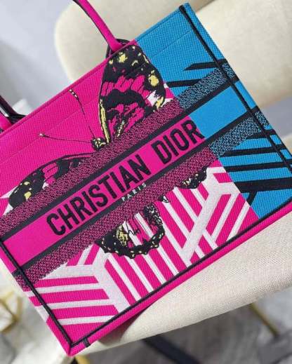 DIR MEDIUM BOOK TOTE BRIGHT BLUE AND BRIGHT PINK D-JUNGLE POP EMBROIDERY 36CM