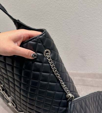 SAINT LAURENT ICARE SHOPPING BAG IN QUILTED LAMBSKIN BLACK SILVER 40CM