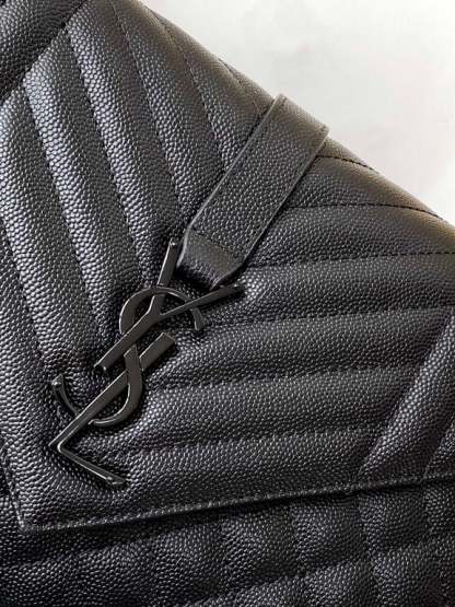 SAINT LAURENT ENVELOPE MEDIUM CHAIN BAG IN MIX MATELASSE GRAIN DE POUDRE EMBOSSED BLACK NOIR 24CM