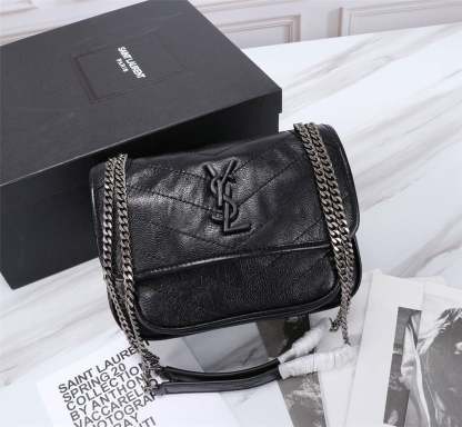 SAINT LAURENT NIKI BABY CHAIN BAG IN CRINKLED VINTAGE BLACK NOIR 21CM 6331600EN041000