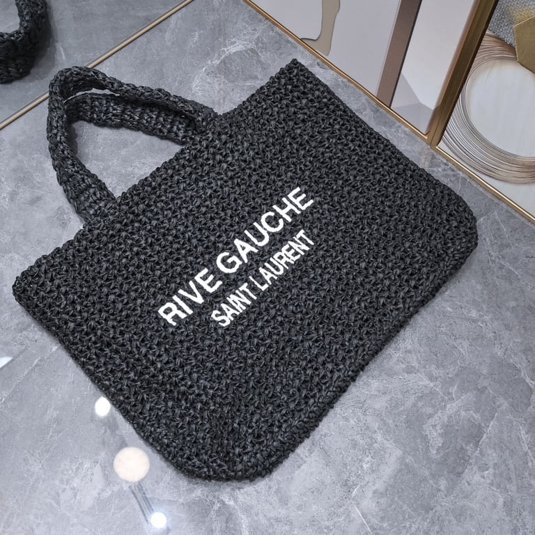 SAINT LAURENT BLACK TOTE RIVE GAUCHE RAFFIA CROCHET