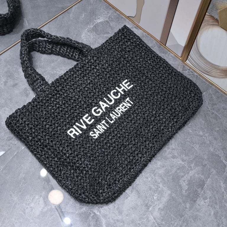 SAINT LAURENT BLACK TOTE RIVE GAUCHE RAFFIA CROCHET