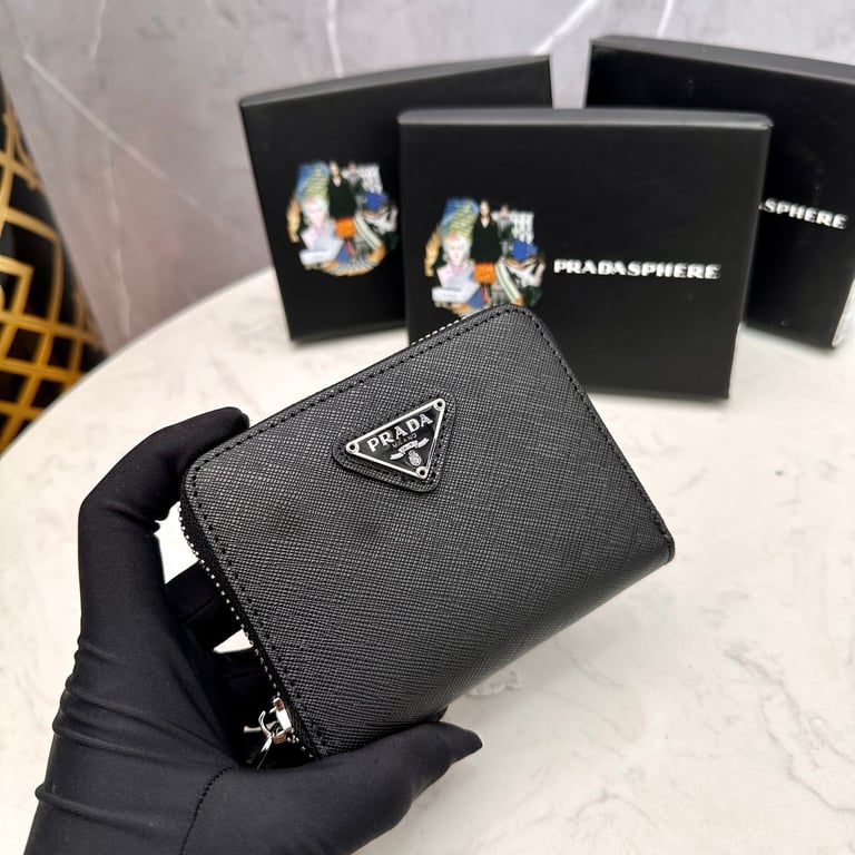 PR SMALL SAFFIANO LEATHER WALLET BLACK AND SILVER 10CM 1ML036 QHH F0002
