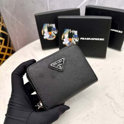 PR SMALL SAFFIANO LEATHER WALLET BLACK AND SILVER 10CM 1ML036 QHH F0002