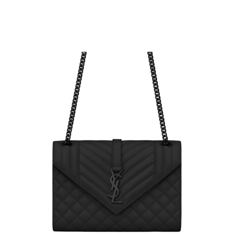 SAINT LAURENT ENVELOPE MEDIUM CHAIN BAG IN MIX MATELASSE GRAIN DE POUDRE EMBOSSED BLACK NOIR 24CM