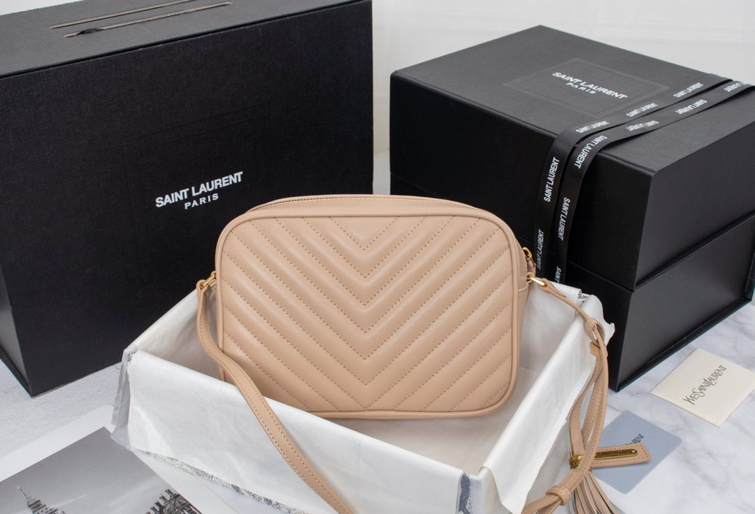 SAINT LAURENT LOU CAMERA BAG IN QUILTED LEATHER BEIGE GOLD 23CM