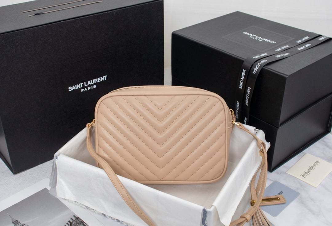 SAINT LAURENT LOU CAMERA BAG IN QUILTED LEATHER BEIGE GOLD 23CM
