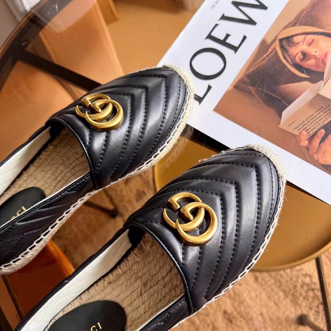 GG BLACK ESPADRILLE MATELASSE CHEVRON LEATHER WITH DOUBLE G