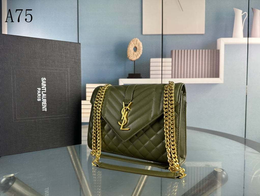 SAINT LAURENT ENVELOPE MEDIUM CHAIN BAG IN SUPPLE MATELASSE LEATHER GREEN GOLD 24CM