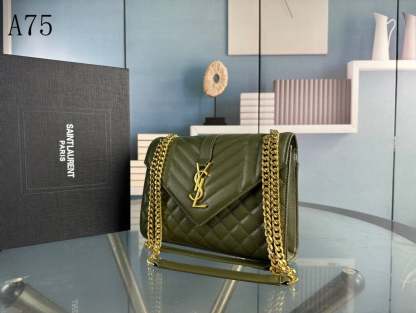 SAINT LAURENT ENVELOPE MEDIUM CHAIN BAG IN SUPPLE MATELASSE LEATHER GREEN GOLD 24CM