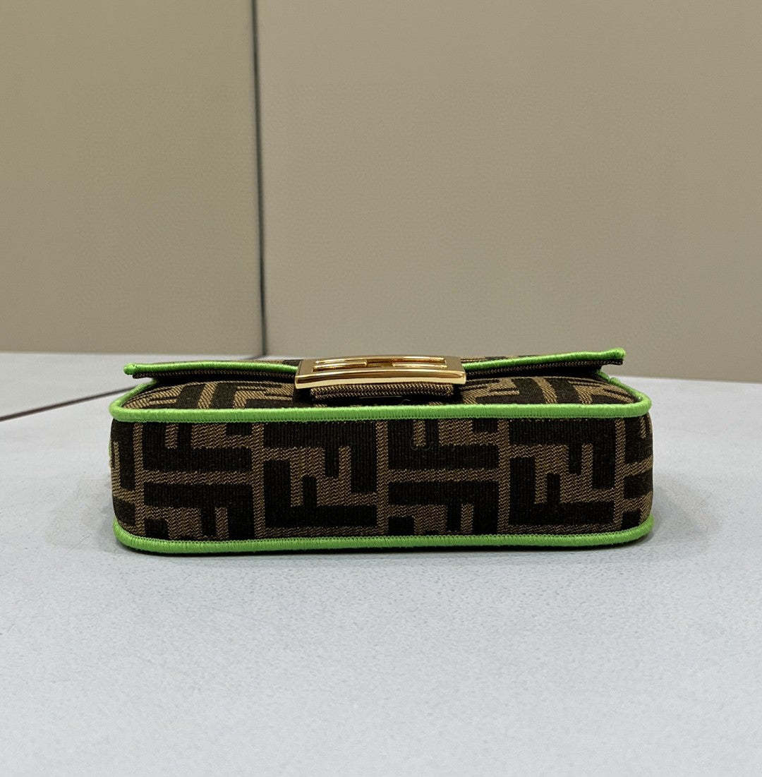FI Baguette Small Brown Fabric Green Border Bag For Woman 18cm/7in