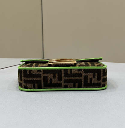 FI Baguette Small Brown Fabric Green Border Bag For Woman 18cm/7in