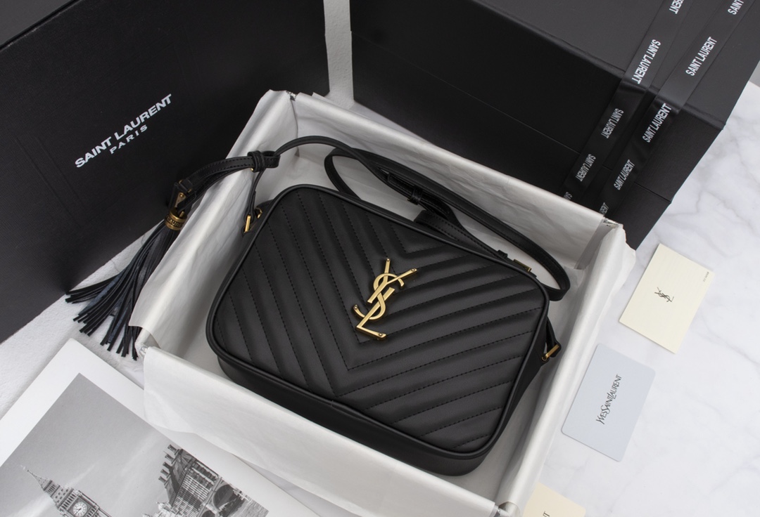 YSL LOU CAMERA BAG IN QUILTED BLACK GOLD LEATHER 23CM 612544DV7071000
