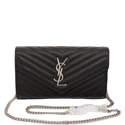 SAINT LAURENT CASSANDRE MATELASSE CHAIN WALLET IN GRAIN DE POUDRE EMBOSSED BLACK SILVER 22CM