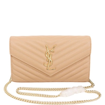 SAINT LAURENT CASSANDRE MATELASSE CHAIN WALLET IN GRAIN DE POUDRE EMBOSSED BEIGE 22CM