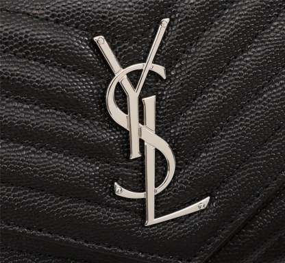 SAINT LAURENT CASSANDRE MATELASSE CHAIN WALLET IN GRAIN DE POUDRE EMBOSSED BLACK SILVER 22CM