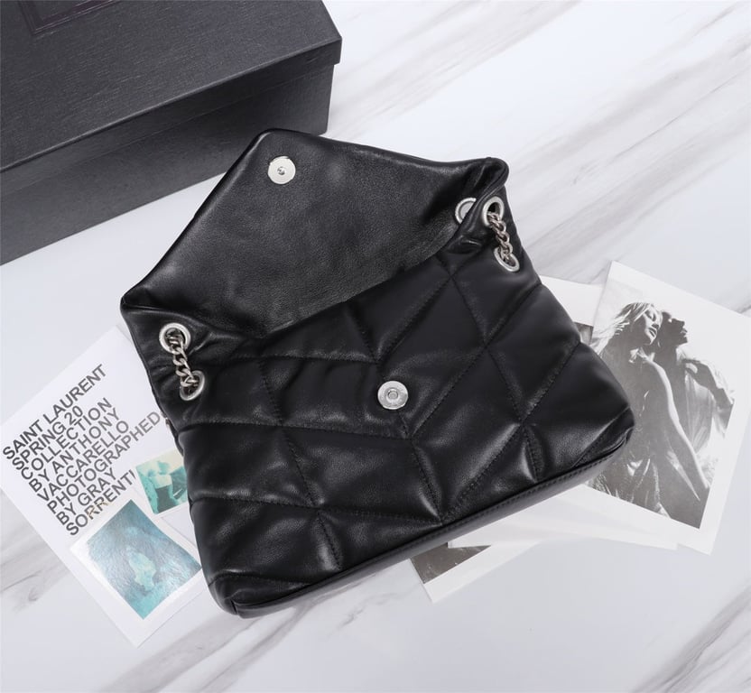 SAINT LAURENT PUFFER SMALL CHAIN BAG IN QUILTED LAMBSKIN BLACK SILVER