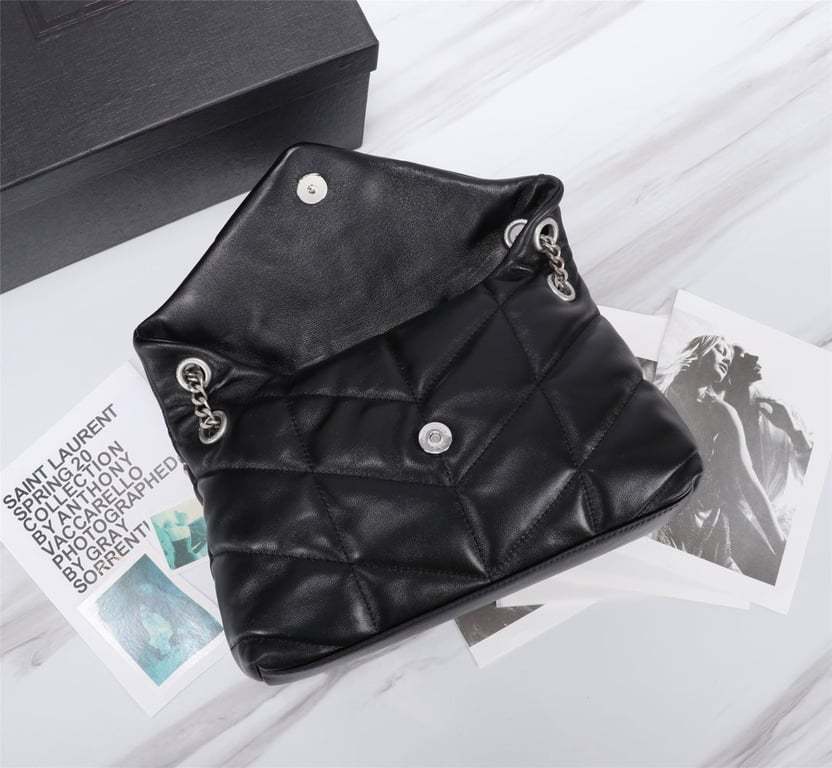 SAINT LAURENT PUFFER SMALL CHAIN BAG IN QUILTED LAMBSKIN BLACK SILVER