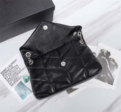 SAINT LAURENT PUFFER SMALL CHAIN BAG IN QUILTED LAMBSKIN BLACK SILVER