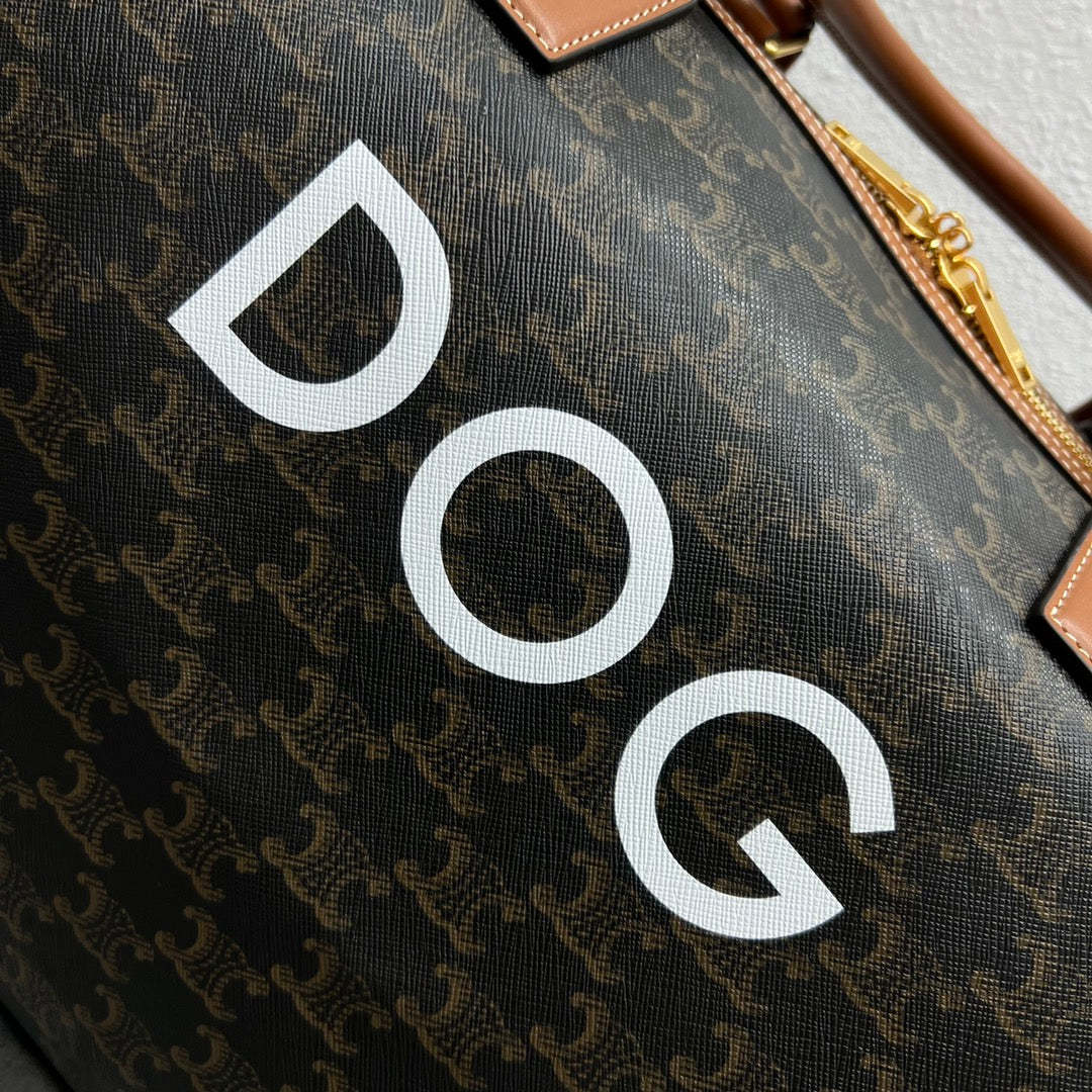 CE Large Voyage Bag In Triomphe Canvas With Dog Print Tan For Women 20in/50cm 