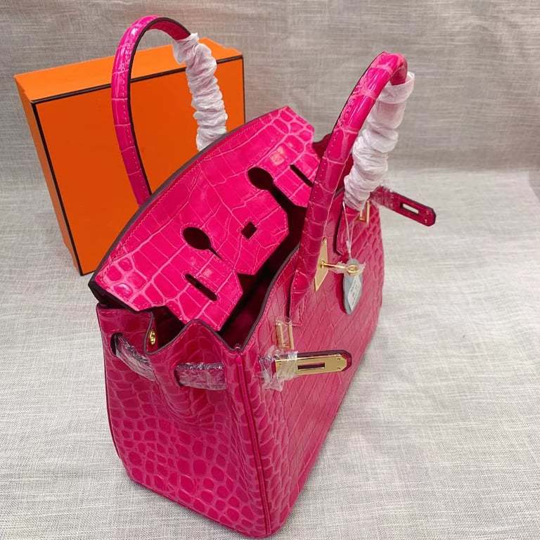 HM BIRKIN 25 CROCODILE GOLD-TONED HARDWARE DARK PINK 25CM