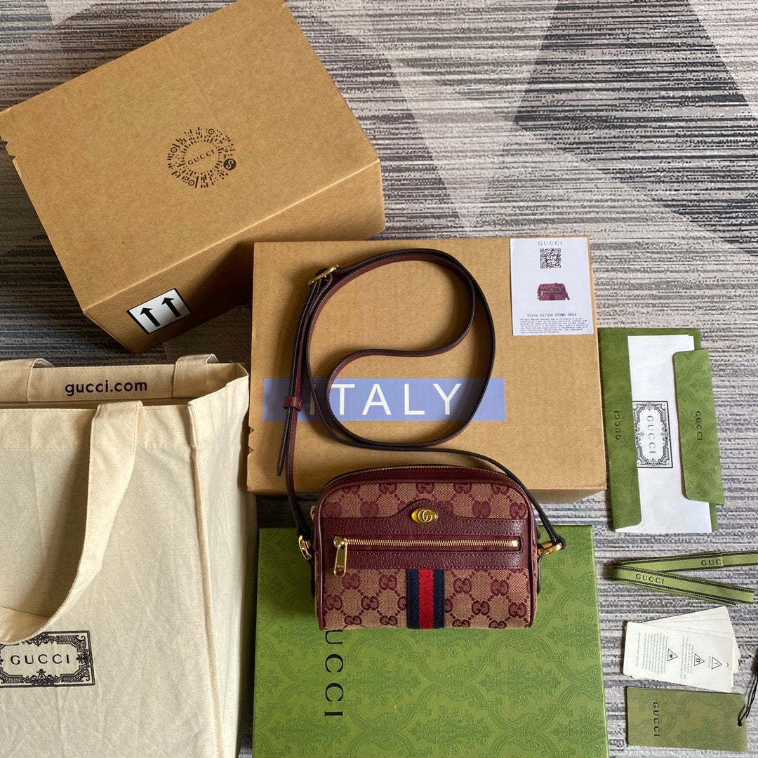 gg Ophidia Mini gg Bag Beige And Burgundy gg Supreme Canvas For Women  7in/17.5cm gg 517350-9Y9MS-9864