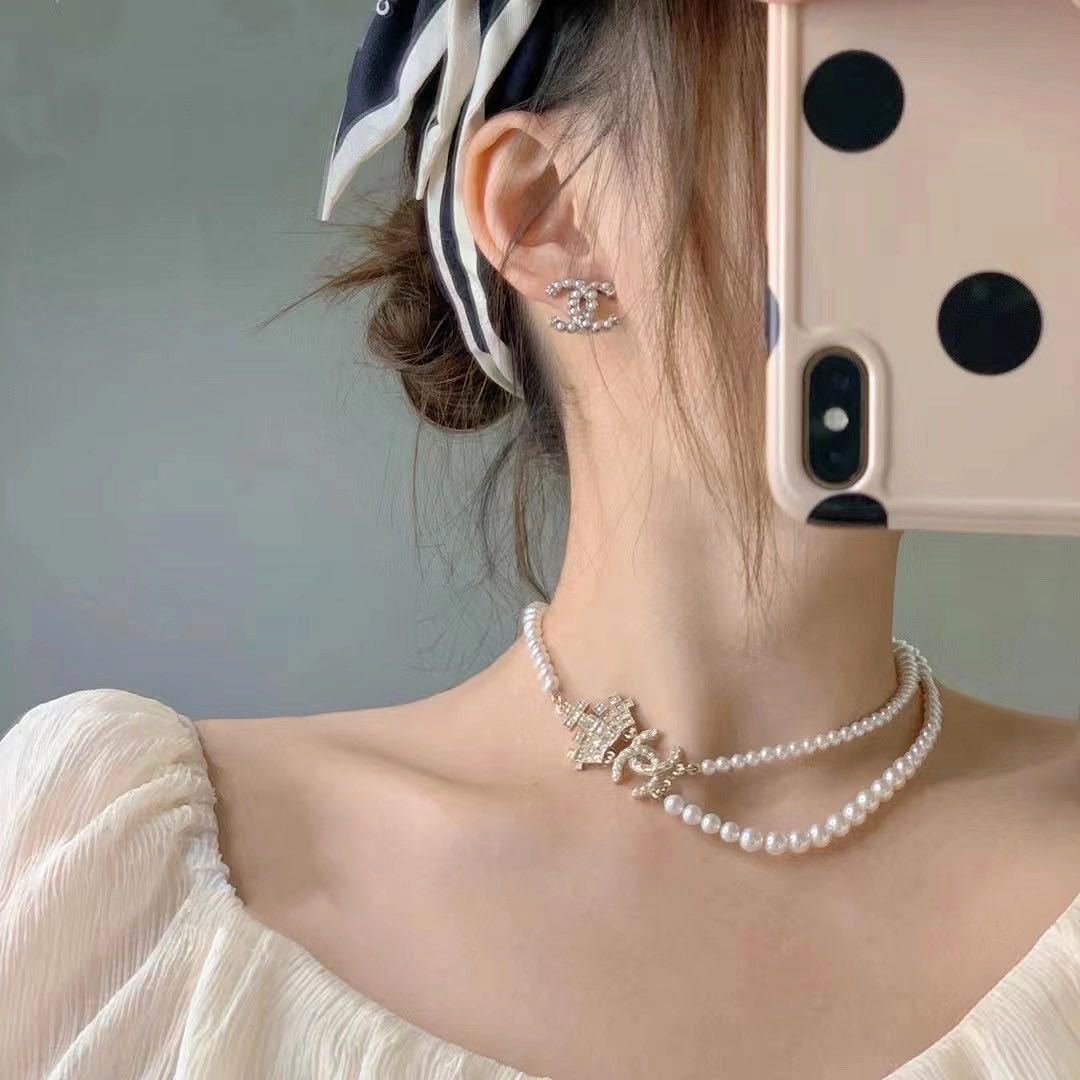 CC FAUX PEARL AND CRYSTAL CC DOUBLE STRAND NECKLACE