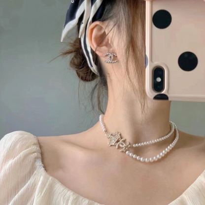 CC FAUX PEARL AND CRYSTAL CC DOUBLE STRAND NECKLACE