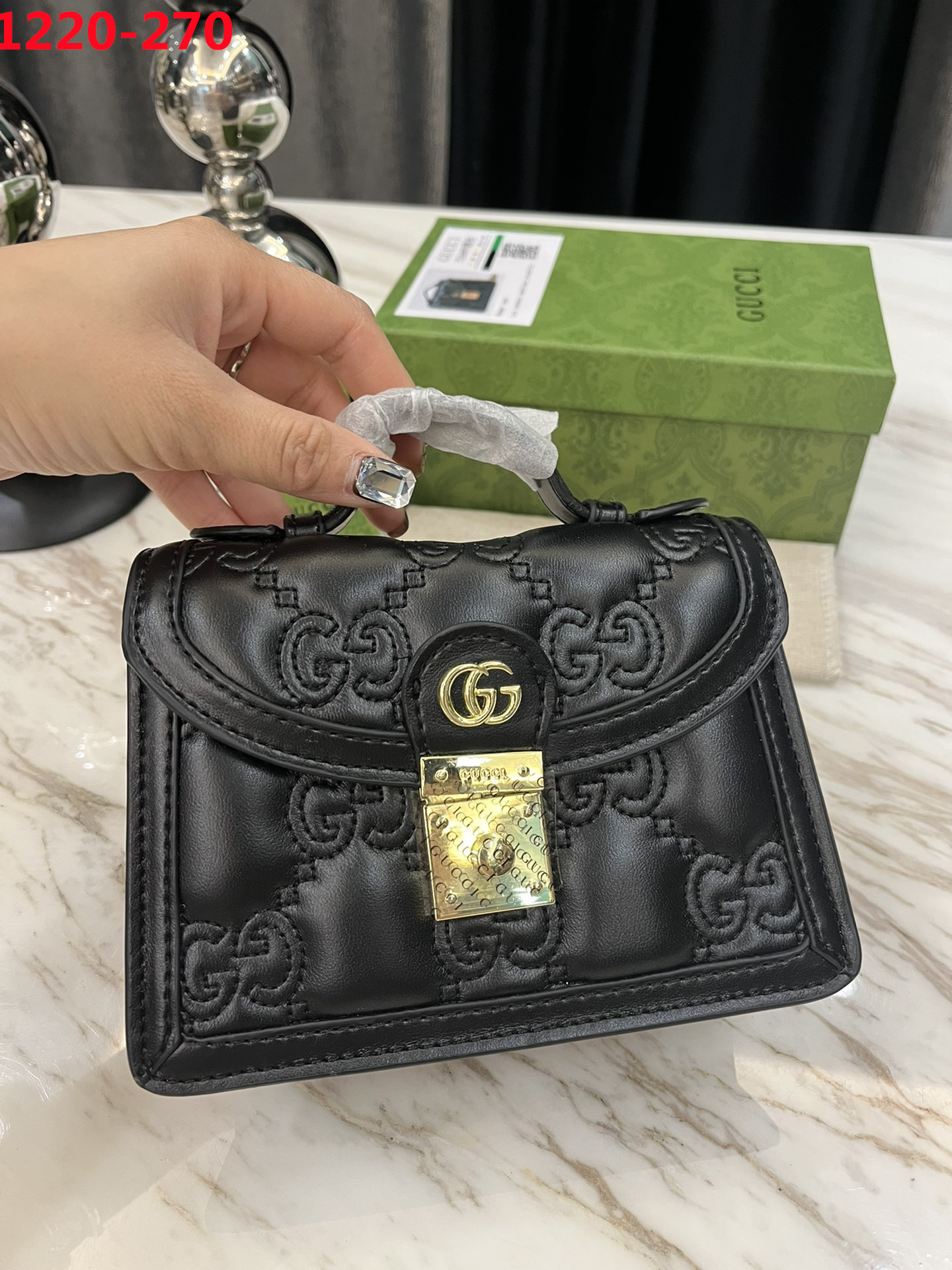 GG GG MATELASSÉ SMALL TOP HANDLE BAG BLACK 20CM 724499 UM8HG 1046