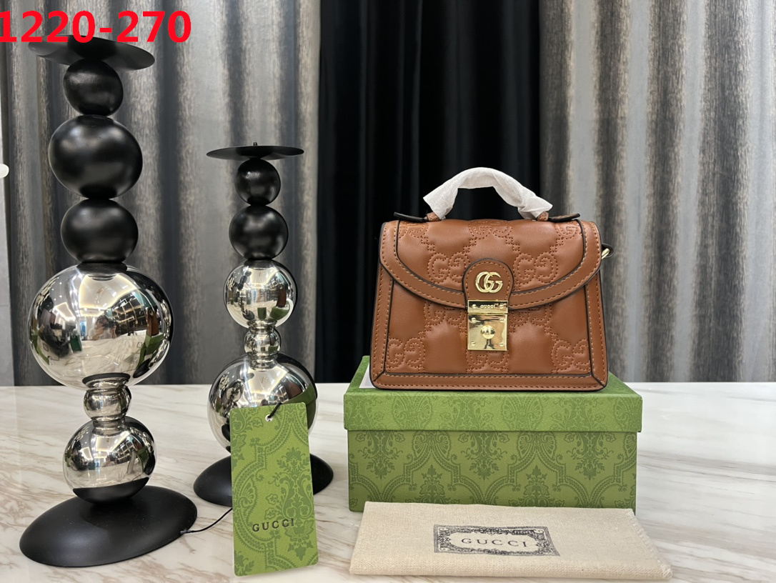 GG GG MATELASSÉ SMALL TOP HANDLE BAG BROWN 20CM