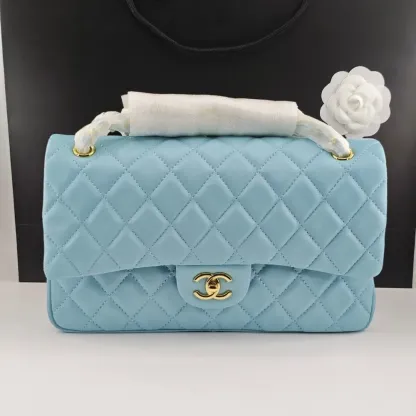 CHANEL CLASSIC HANDBAG GOLD TONE METAL LIGHT BLUE