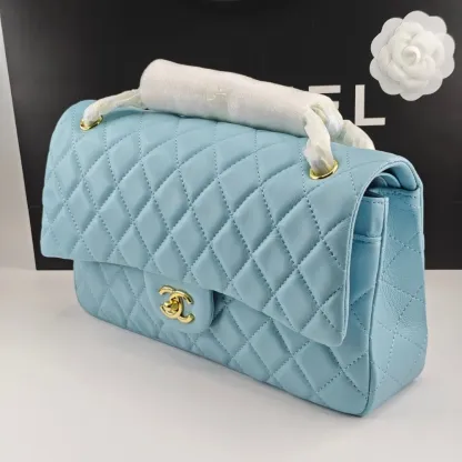 CHANEL CLASSIC HANDBAG GOLD TONE METAL LIGHT BLUE