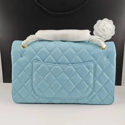 CHANEL CLASSIC HANDBAG GOLD TONE METAL LIGHT BLUE