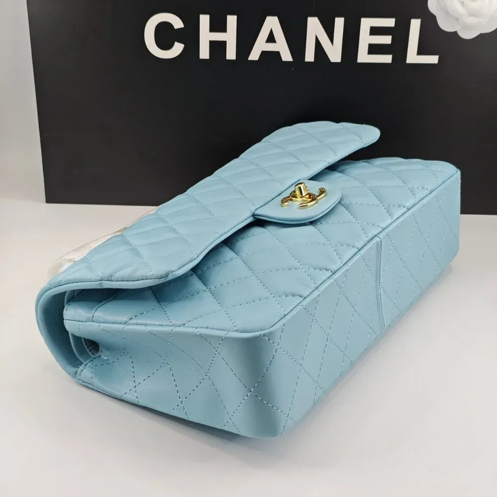 CHANEL CLASSIC HANDBAG GOLD TONE METAL LIGHT BLUE