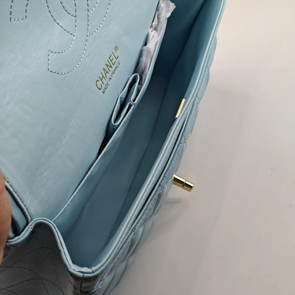 CHANEL CLASSIC HANDBAG GOLD TONE METAL LIGHT BLUE